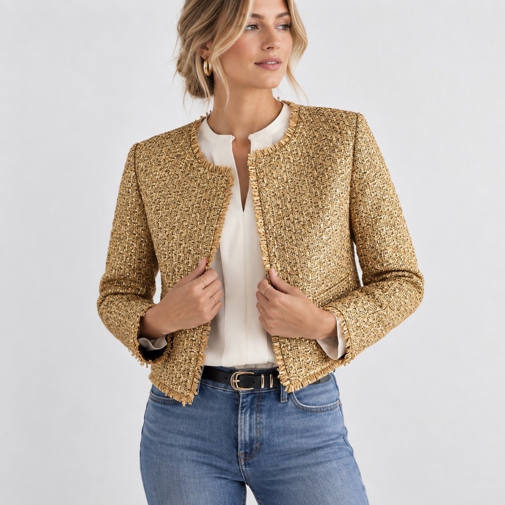 Express Gold Metallic Tweed Fringe Open Jacket Womens Size XL Sparkle Boucle NWT